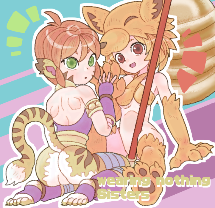 2girls :d :o animal_ears animal_feet animal_hands armlet ass bare_shoulders bell blonde_hair body_fur bottomless breasts breath_of_fire breath_of_fire_ii crossover facial_mark fingerless_gloves fox_girl fox_hat gloves green_eyes medium_breasts moonlight_flower multiple_girls no_pussy open_mouth orange_hair purple_gloves ragnarok_online red_eyes rinpoo_chuan sicky_(pit-bull) sitting smile staff striped_tail tail tiger_ears tiger_girl tiger_tail whisker_markings yellow_headwear