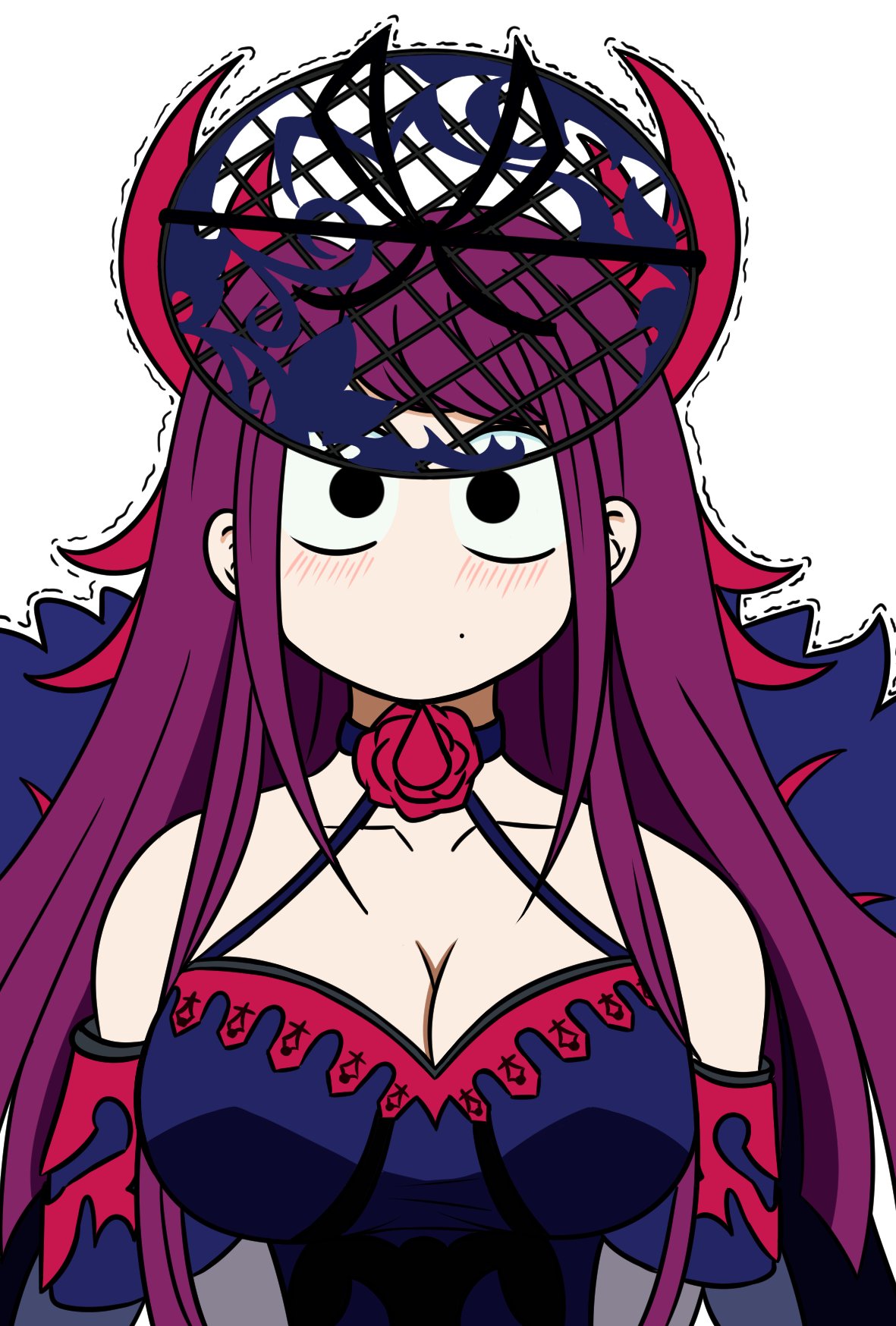 bare_shoulders black_eyes blush breasts cleavage collarbone dress fascinator fire_emblem fire_emblem_engage highres ivy_(fire_emblem) komi-san_wa_komyushou_desu long_hair looking_at_viewer nervous no_mouth parody purple_hair trembling upper_body white_background will_(willanator93)