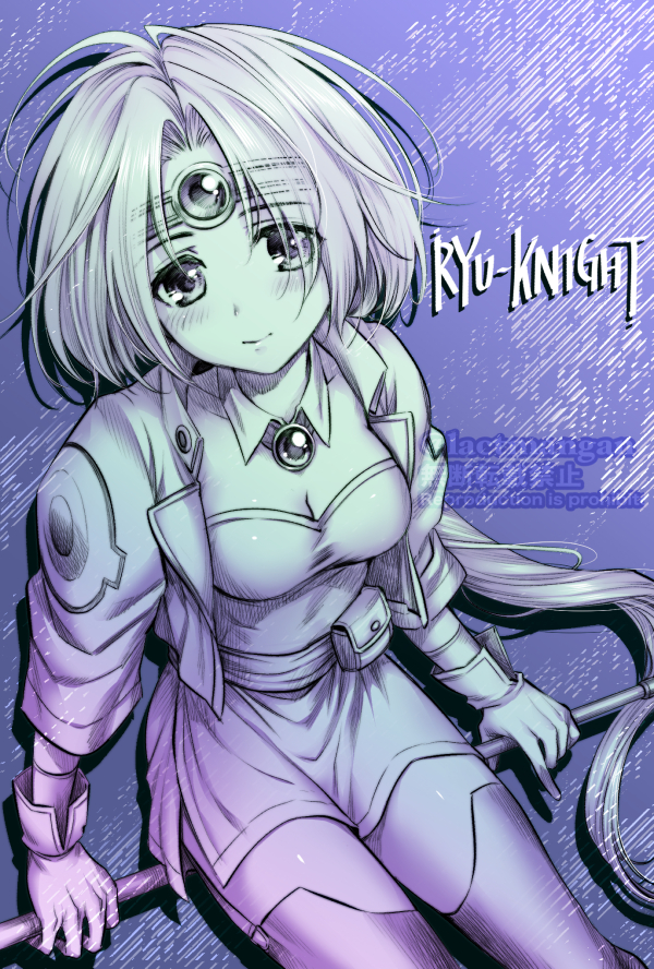 1girl blush breasts copyright_name detached_collar dress forehead_jewel greyscale_with_colored_background haou_taikei_ryuu_knight headband holding holding_staff jacket lactmangan long_hair looking_at_viewer medium_breasts paffy_pafuricia parted_bangs smile solo staff strapless strapless_dress thighhighs very_long_hair
