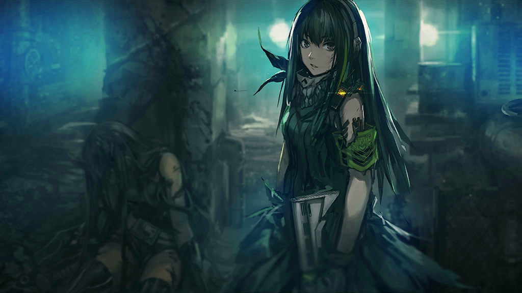 2girls after_battle against_wall android artist_request assault_rifle bandana_around_neck belt black_hair blood blood_on_wall brown_eyes check_artist corpse death executioner_(girls'_frontline) from_side game_cg girls'_frontline gloves green_armband green_hair griffin_&amp;_kryuger gun head_down headlight headphones holding holding_gun holding_weapon industrial_pipe infukun long_hair looking_at_viewer m4_carbine m4a1_(girls'_frontline) mechanical_parts motor_vehicle multicolored_hair multiple_girls official_art parted_lips ribbed_sweater rifle sangvis_ferri sleeveless sleeveless_sweater solo_focus streaked_hair sweater thighhighs torn_armband torn_clothes truck upper_body valve very_long_hair victory walkie-talkie weapon