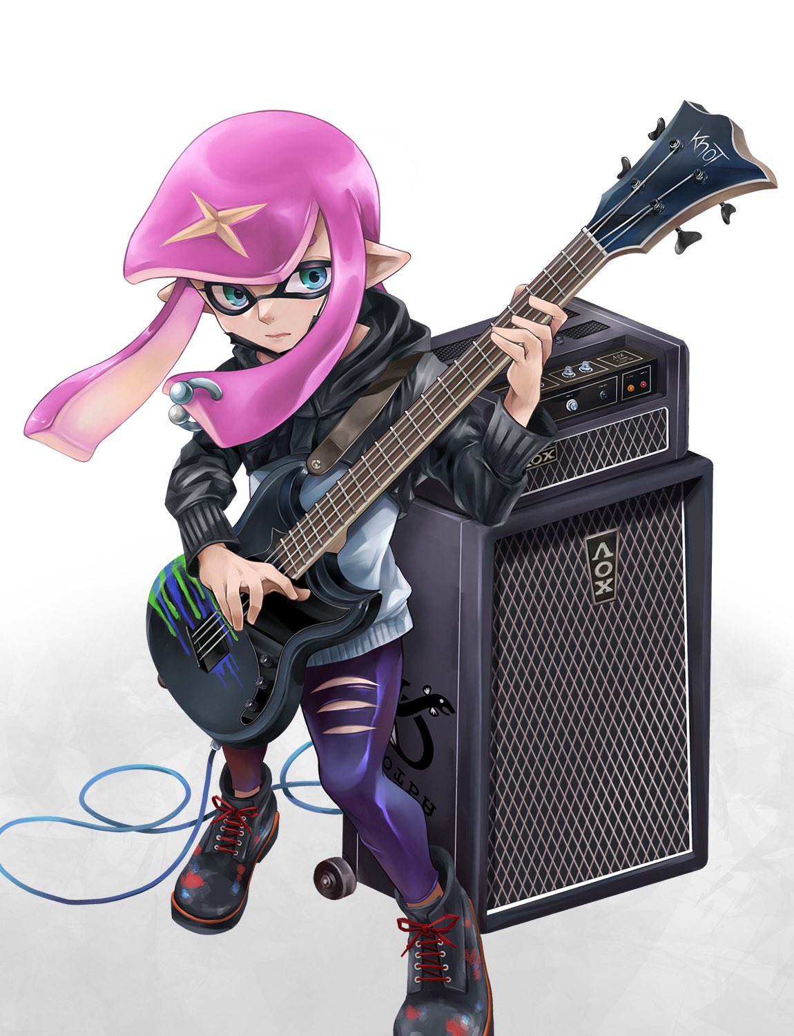 1other amplifier androgynous bass_guitar blue_eyes closed_mouth commentary domino_mask electric_guitar expressionless floating_hair full_body guitar highres holding holding_instrument inkling instrument jacket janome_(jajanome) leggings legs_apart long_hair long_sleeves mask mask_pull mouth_mask music other_focus piercing pink_hair playing_instrument pointy_ears shoes solo splatoon_(series) standing symbol-only_commentary tentacle_hair torn_clothes torn_leggings