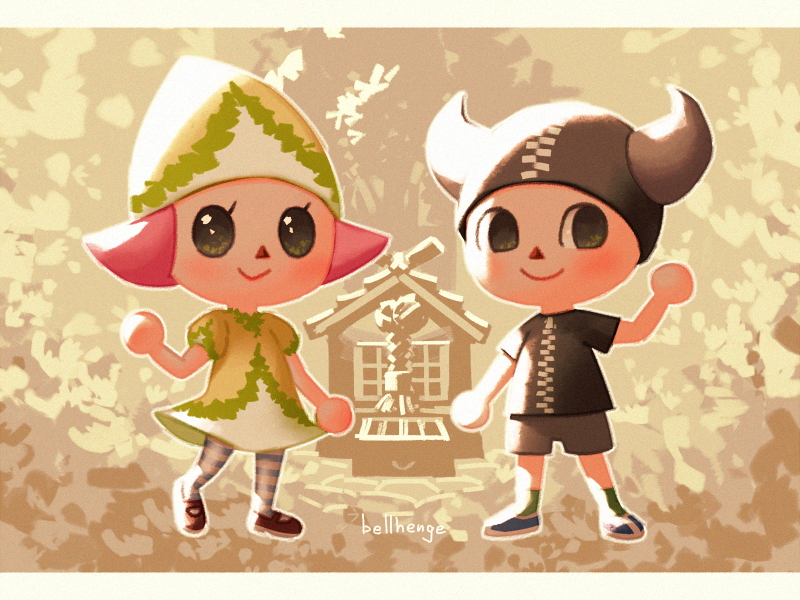 1boy 1girl :&gt; animal_crossing anniversary artist_name bellhenge black_eyes black_footwear black_headwear black_shirt black_shorts blue_footwear blue_thighhighs brown_background closed_mouth commentary dress english_commentary eyelashes fake_horns full_body green_dress green_headwear green_socks grey_horns hand_up hat horned_headwear horns house kneehighs large_horns light_blush looking_at_viewer mary_janes pink_hair pointy_hat puffy_short_sleeves puffy_sleeves shirt shoes short_dress short_hair short_sleeves shorts smile sneakers socks solid_circle_eyes striped striped_thighhighs t-shirt thighhighs two-tone_thighhighs villager_(animal_crossing) waving white_thighhighs zipper zipper_pull_tab