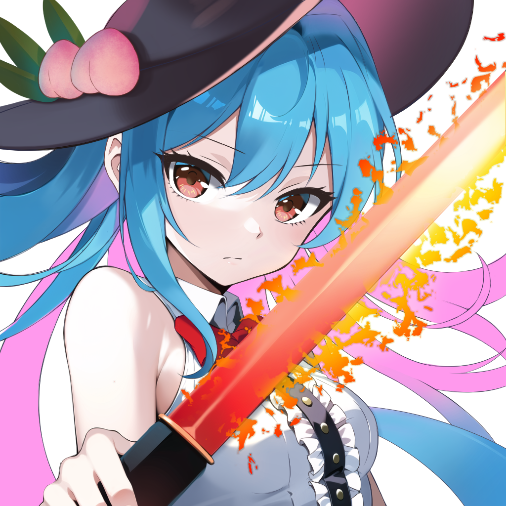 1girl black_headwear blue_hair buttons center_frills collared_shirt frills fruit_hat_ornament hair_between_eyes hat_ornament hinanawi_tenshi holding holding_sword holding_weapon long_hair peach_hat_ornament red_eyes shirt simple_background solo sword sword_of_hisou touhou upper_body weapon white_background white_shirt wottosei