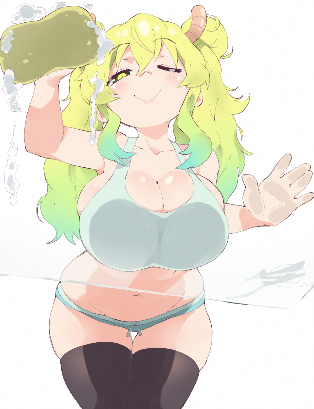 1girl ;) aetherion against_glass black_thighhighs blonde_hair blue_panties blush breast_press breasts breasts_on_glass dragon_girl dragon_horns foam gradient_hair green_hair hair_between_eyes highres holding holding_sponge horns huge_breasts kobayashi-san_chi_no_maidragon leaning_forward looking_at_viewer lucoa_(maidragon) multicolored_hair navel one_eye_closed panties shirt simple_background skindentation smile solo sponge stomach tank_top thighhighs underwear white_background white_shirt yellow_pupils