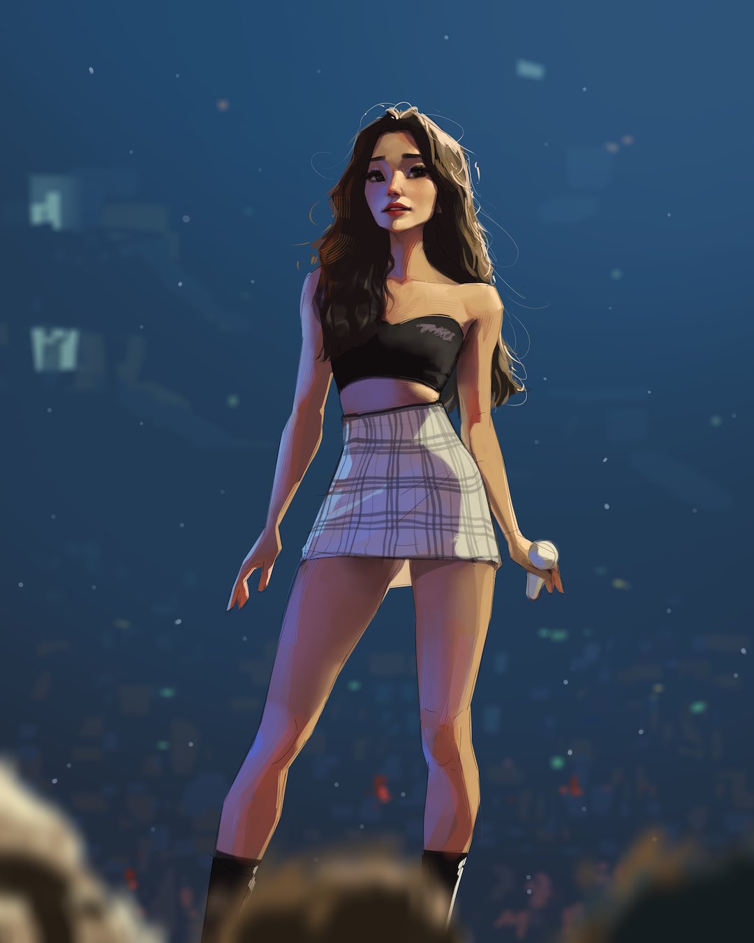 1girl audience black_footwear brown_hair concert crop_top english_commentary highres k-pop microphone mina_(twice) on_stage real_life sam_yang shirt skirt sleeveless sleeveless_shirt stage stage_lights twice_(group) white_skirt
