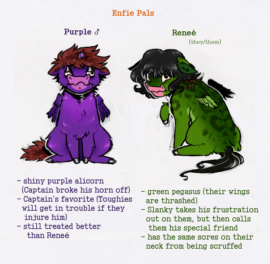 2022 black_hooves black_mane black_tail broken_horn brown_mane brown_tail character_name digital_drawing_(artwork) digital_media_(artwork) duo english_text equid equine feathered_wings feathers federalchemical1728 feral flat_colors fluffy_pony fluffy_pony_(species) fur green_body green_feathers green_fur green_text green_wings hooves horn male_(lore) mammal mane model_sheet nonbinary_(lore) orange_text pegasus purple_body purple_feathers purple_fur purple_text purple_wings sad scared simple_background sitting tail text unguligrade white_background winged_unicorn wings