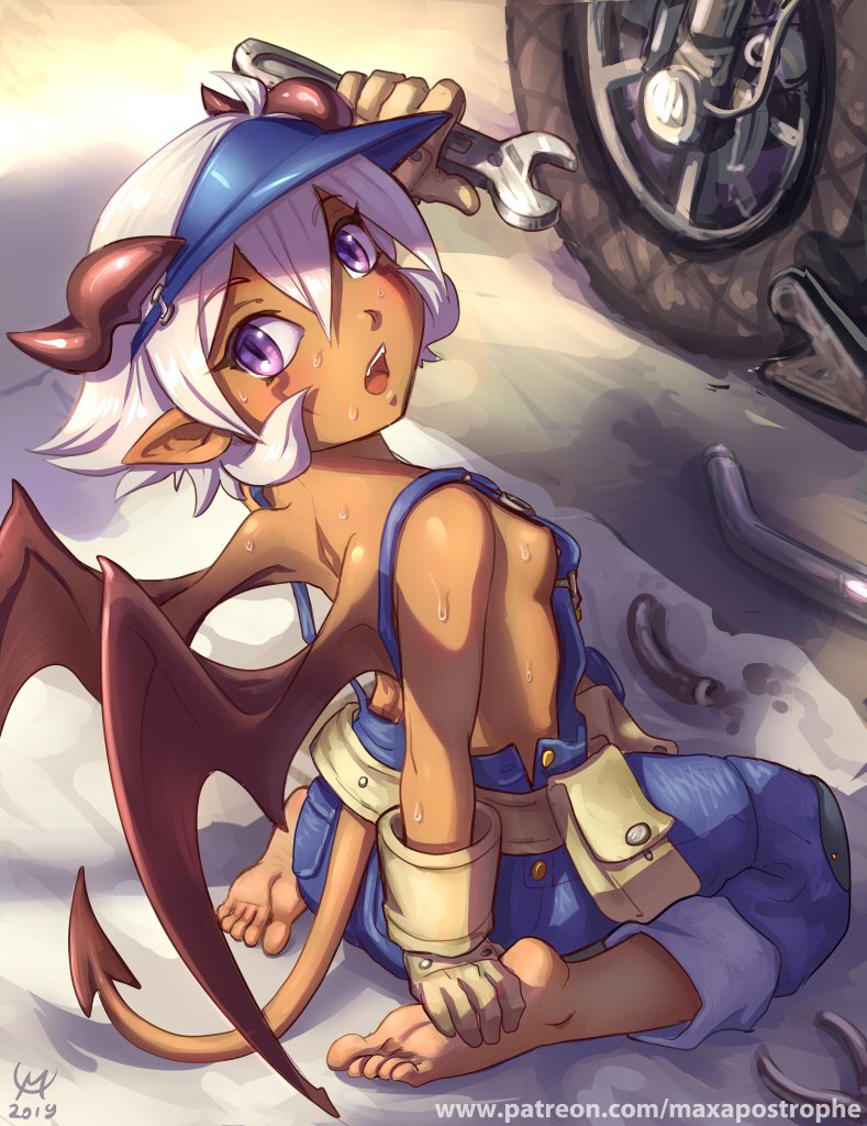 1girl 2019 bare_back bare_shoulders barefoot blue_headwear blue_overalls blush body_markings breasts concrete dark-skinned_female dark_skin day demon demon_girl demon_horns demon_tail demon_wings exhaust_pipe gloves holding holding_own_foot holding_wrench horns kneeling looking_at_viewer looking_back maxa' mechanic motor_vehicle motorcycle naked_overalls nipple_slip nipples on_floor open_mouth original overalls pants pants_rolled_up partially_unbuttoned patreon_username pliers purple_eyes shaded_face shadow shiny_skin sideboob signature small_breasts soles solo_focus spiked_hair sweat tail teeth tire toes tool_belt upper_teeth_only visor_cap wheel white_hair wings wrench xania_(maxa')