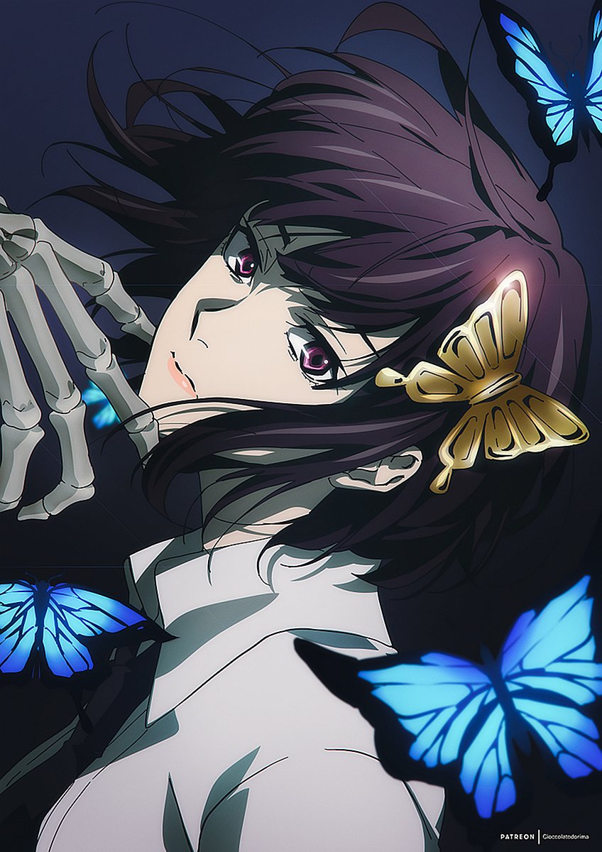 1girl black_necktie blue_background blue_butterfly blurry bob_cut bug bungou_stray_dogs butterfly butterfly_hair_ornament cioccolatodorima collared_shirt commentary depth_of_field english_commentary expressionless from_side hair_between_eyes hair_ornament hairclip hand_on_another's_chin head_back highres inverted_bob lips looking_at_viewer looking_to_the_side necktie official_style purple_eyes purple_hair shirt short_hair simple_background skeletal_hand solo upper_body white_shirt yosano_akiko