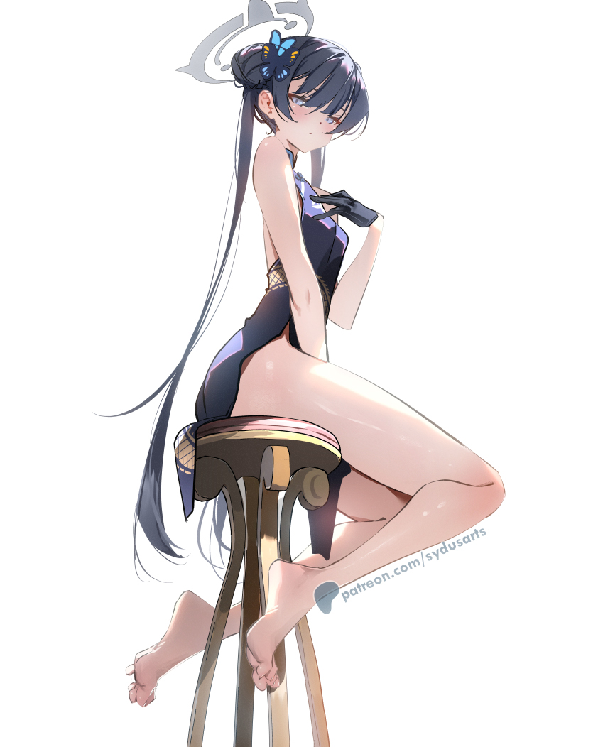 1girl bare_arms barefoot black_dress black_gloves black_hair blue_archive china_dress chinese_clothes double_bun dress full_body gloves grey_eyes grey_halo hair_bun halo kisaki_(blue_archive) legs long_hair looking_at_viewer mixed-language_commentary on_chair patreon_username pelvic_curtain side_slit simple_background sleeveless solo sydus thighs toes twintails very_long_hair white_background