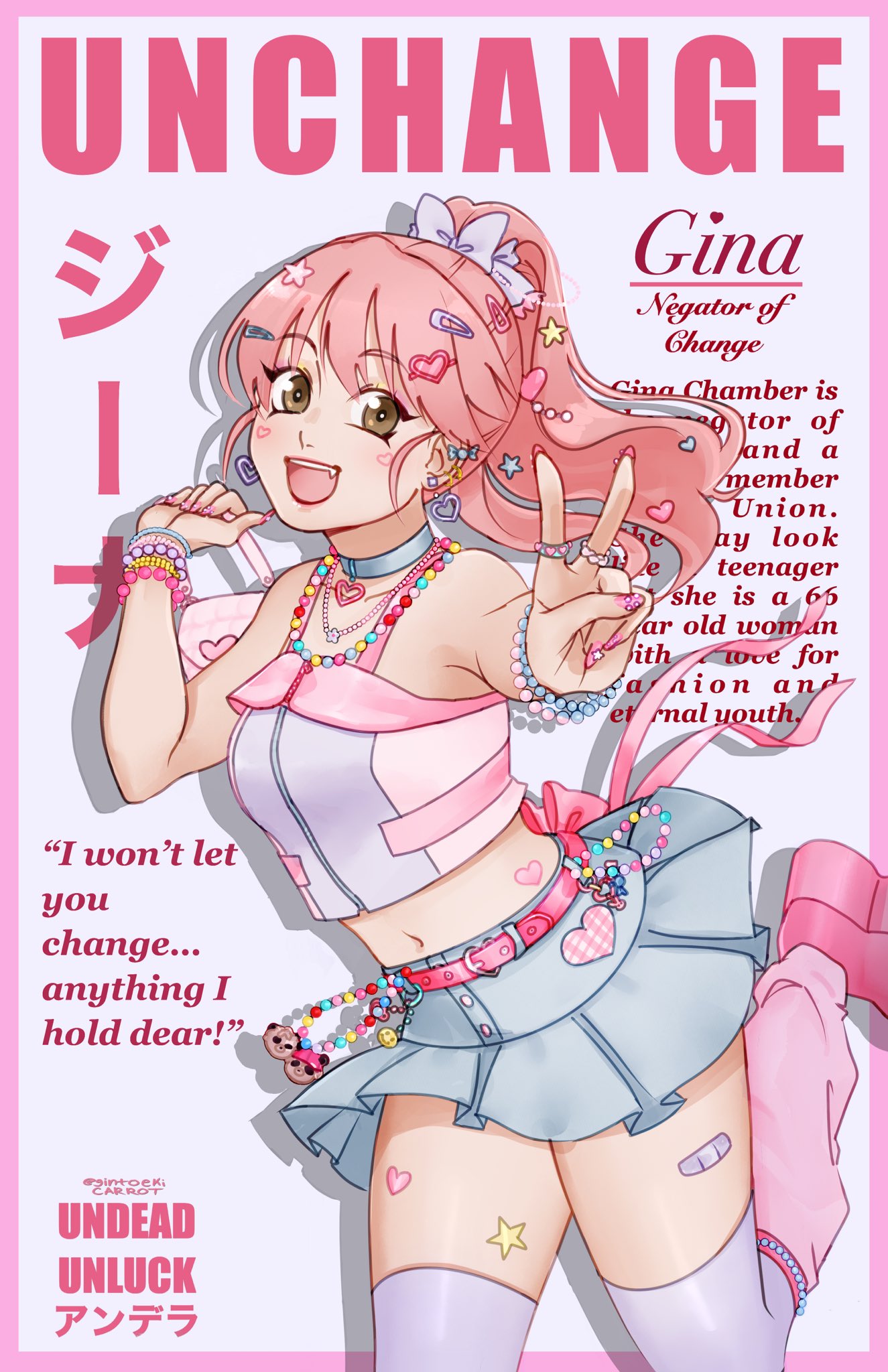 1girl accessories bandages breasts brown_eyes character_name copyright_name cover crop_top excited fake_magazine_cover fang gina_(undead_unluck) gintoeki gyaru hair_ornament happy heart_stickers highres leg_warmers magazine_cover midriff open_mouth pink_footwear pink_hair pink_leg_warmers pink_nails skirt small_breasts star_sticker sticker thighhighs thighs twitter_username undead_unluck v