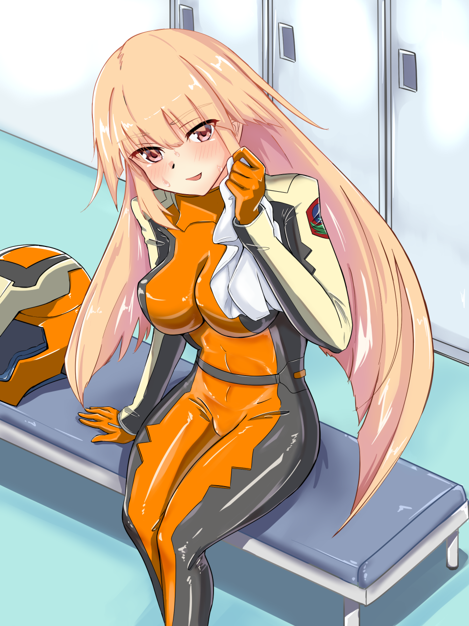 1girl bench blonde_hair blurry bodysuit breasts brooklyn_(kancolle) commentary_request cosplay depth_of_field english_commentary feet_out_of_frame gloves gundam gundam_seed headwear_removed helmet helmet_removed highres impossible_clothes kantai_collection large_breasts locker long_hair mixed-language_commentary orange_bodysuit orange_gloves pilot_suit red_eyes solo timosan towel tumbler