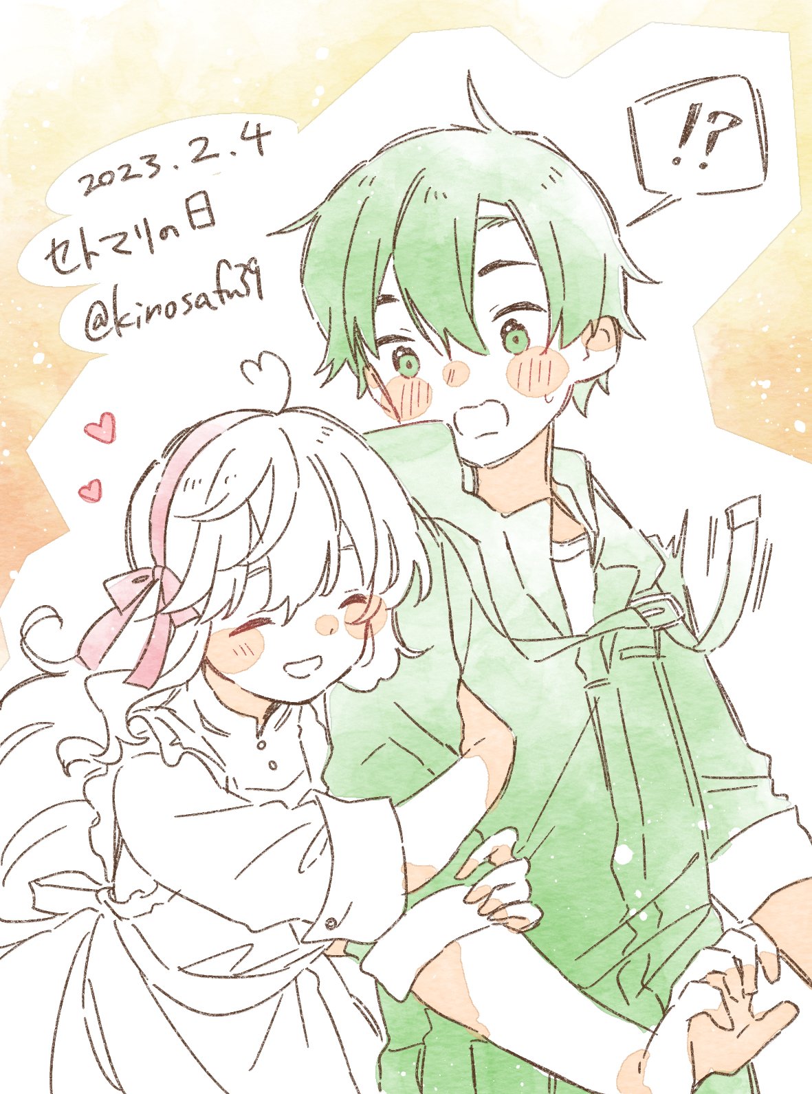 !? 1boy 1girl :d ahoge alternate_eye_color alternate_hair_color apron arm_hug bangs_pinned_back blush blush_stickers buckle buttons character_name closed_eyes collared_dress commentary couple dated double-parted_bangs dress facing_viewer frilled_apron frills green_eyes green_hair green_jumpsuit hair_ornament hairband hairclip heart heart_ahoge height_difference hetero highres hood hood_down hooded_jumpsuit jumpsuit kagerou_project kozakura_marry long_bangs long_hair mandarin_collar mekakucity_actors motion_lines multicolored_background nose_blush open_mouth orange_background pastel_colors pink_hairband pink_ribbon ribbon sa-fu_(sfmk39) seto_kousuke shirt short_hair sleeve_cuffs sleeves_past_elbows sleeves_rolled_up smile spoken_interrobang surprised sweat twitter_username upper_body wavy_hair wavy_mouth white_apron white_background white_dress white_hair white_shirt
