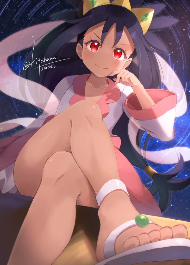 1girl black_hair closed_mouth collarbone commentary_request commission crossed_legs eyelashes hand_up iris_(pokemon) kitahara_tomoe_(kitahara_koubou) knees legs long_hair low-tied_long_hair pink_skirt pixiv_commission pokemon pokemon_(game) pokemon_bw2 red_eyes sandals shirt skirt smile solo tiara toes white_footwear white_shirt