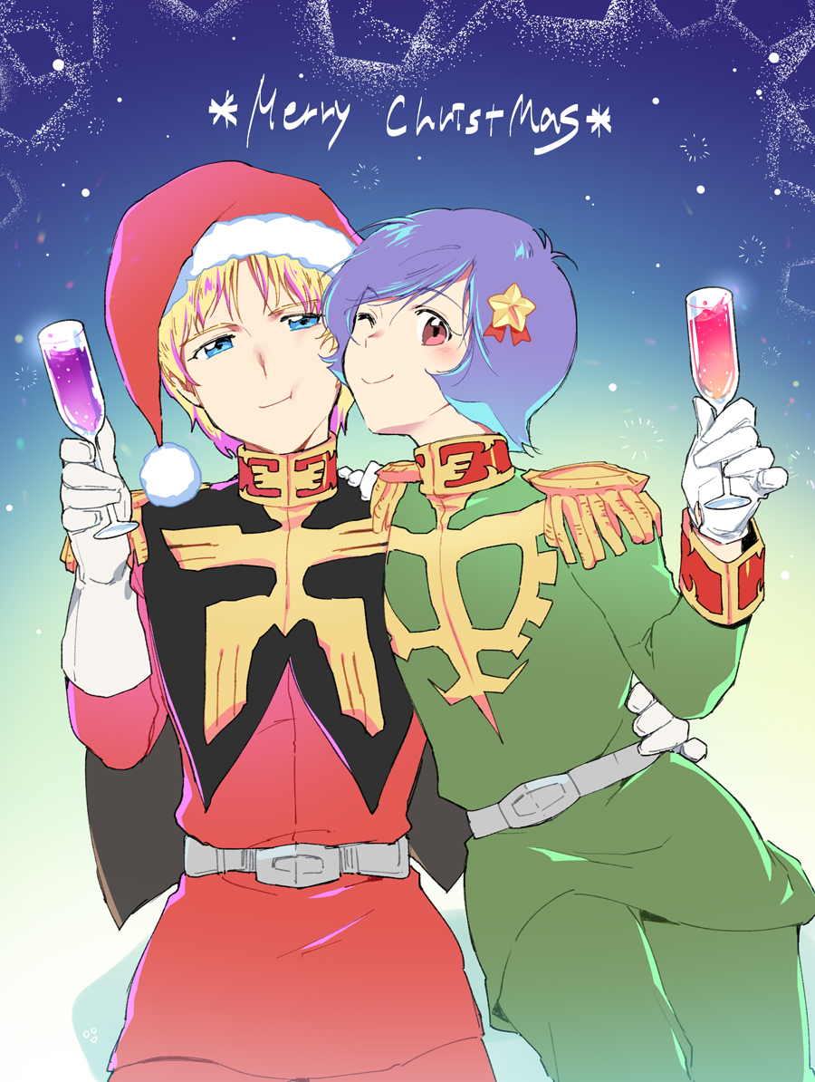 2boys :t arm_around_waist belt black_cape blonde_hair blue_background blue_eyes cape champagne_flute char_aznable cheek-to-cheek cheek_press closed_mouth cup drinking_glass epaulettes garma_zabi gloves gradient_background green_background green_jacket green_pants grey_belt gundam hair_ornament hand_on_another's_shoulder hat heads_together high_collar holding holding_cup jacket light_particles long_sleeves looking_at_viewer male_focus merry_christmas military_uniform mobile_suit_gundam multiple_boys p.kibi pants pom_pom_(clothes) purple_eyes purple_hair red_jacket santa_hat short_hair simple_background smile star_(symbol) star_hair_ornament uniform white_gloves yaoi