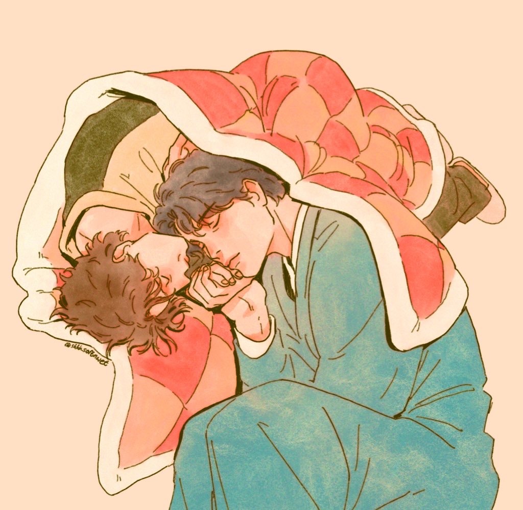 2boys age_difference beyond_evil black_hair blanket brown_hair checkered_blanket closed_eyes closed_mouth full_body green_sweater han_joowon_(beyond_evil) holding_hands lee_dongsik_(beyond_evil) male_focus mature_male multiple_boys shared_blanket shhhsoftnwet short_hair sleeping sleeping_on_person sleeping_upright slippers sweater under_covers wavy_hair yaoi yellow_background