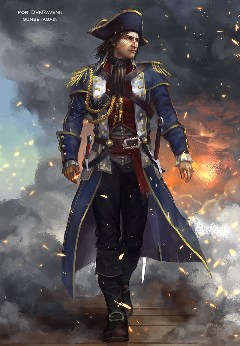 1boy aristocratic_clothes artist_name ascot assassin's_creed:_rogue assassin's_creed_(series) belt bicorne black_ascot black_footwear black_hair black_pants blue_coat blue_headwear boots coat commentary embers english_commentary epaulettes facing_viewer hat long_coat looking_to_the_side official_alternate_costume outdoors pants royal_navy shay_patrick_cormac smoke solo sunsetagain sword watermark weapon