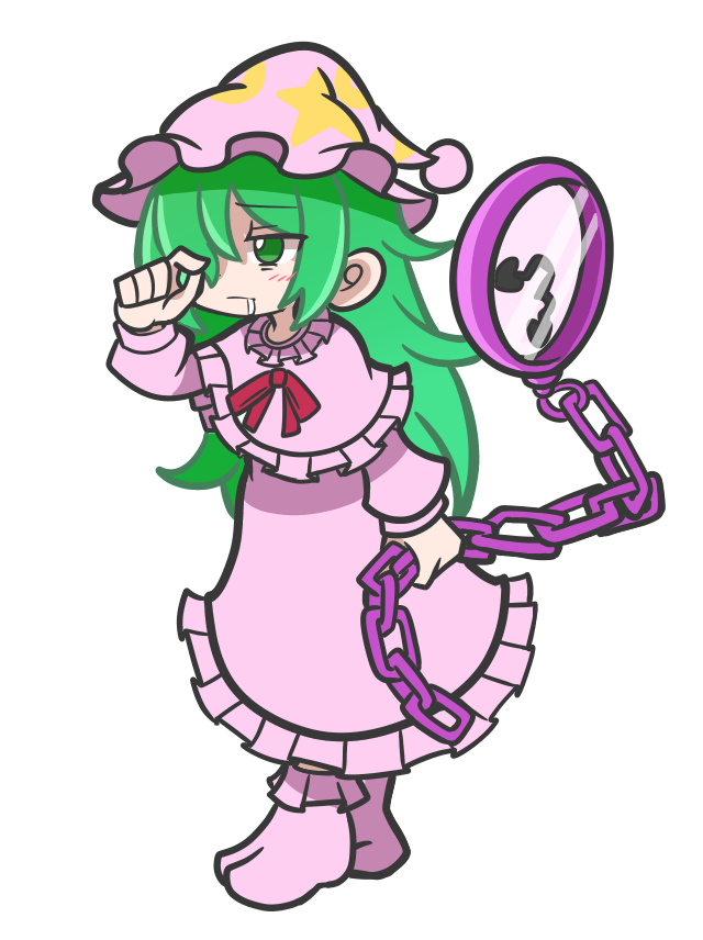 1girl capelet chain clock dress full_body green_eyes green_hair hair_over_one_eye kazami_yuuka kazami_yuuka_(pc-98) long_hair long_sleeves pajamas parody pink_capelet pink_dress pink_headwear puyopuyo shinmon_akika sleepy solo star_(symbol) star_print style_parody touhou touhou_(pc-98)