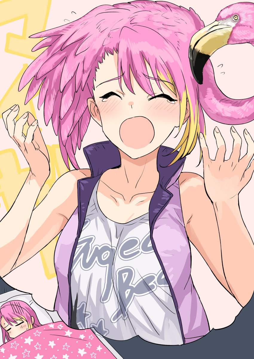 1girl animal_on_head bird blonde_hair breasts collarbone colored_tips dreaming feathers flamingo hands_up highres idolmaster idolmaster_million_live! jacket maihama_ayumu medium_breasts multicolored_hair multiple_views on_head open_mouth pink_hair sleeping sleeveless sleeveless_jacket tank_top tearing_up tsurui