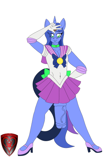 anthro artist_logo bottomwear clothed clothing cock_hanging crossdressing equid equine fan_character footwear friendship_is_magic gesture hasbro high_heels horn ladyfoxheart logo male mammal my_little_pony mystic_moonlight_(oc) sailor_moon_(series) skirt smile solo unicorn v_sign