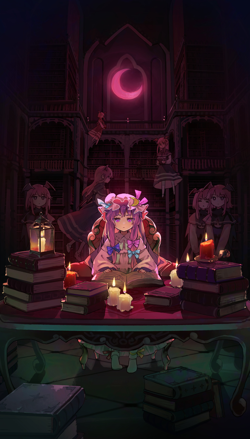 6+girls :&lt; bat_wings blue_bow book book_stack bow candle commentary_request crescent crescent_hat_ornament fire flame full_body grey_eyes hair_between_eyes hair_bow hair_ribbon hat hat_ornament head_wings highres holding holding_book indoors koakuma library light_blush looking_at_viewer midair mob_cap multiple_girls open_book patchouli_knowledge purple_eyes purple_hair red_hair revision ribbon sitting smile straight-on syuri22 tile_floor tiles touhou tress_ribbon v_arms wings