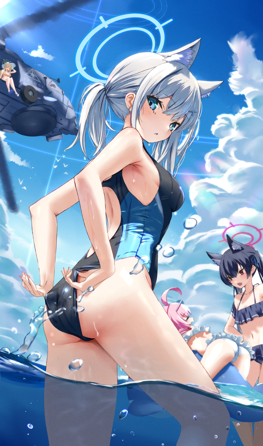 4girls ^_^ adjusting_clothes adjusting_swimsuit ahoge aircraft animal_ear_fluff animal_ears ass ayane_(blue_archive) bikini bikini_skirt black_bikini black_one-piece_swimsuit blue-tinted_eyewear blue_archive blue_eyes blue_halo blue_ribbon blue_sky breasts cat_ears closed_eyes cloud commentary_request competition_swimsuit cross cross_hair_ornament cumulonimbus_cloud day earrings extra_ears eyewear_on_head fang foreclosure_task_force_(blue_archive) frilled_bikini frills grey_hair hair_ornament hair_ribbon halo hat helicopter highres hoshino_(blue_archive) hoshino_(swimsuit)_(blue_archive) inflatable_toy inflatable_whale inverted_cross jewelry light_blush light_brown_hair light_rays long_hair looking_at_viewer looking_back low_ponytail medium_breasts mismatched_pupils multicolored_clothes multicolored_swimsuit multiple_girls navel nonomi_(blue_archive) nonomi_(swimsuit)_(blue_archive) off-shoulder_bikini off_shoulder official_alternate_costume one-piece_swimsuit open_mouth outdoors parted_lips partially_submerged pink_hair red_eyes ribbon sandals serika_(blue_archive) serika_(swimsuit)_(blue_archive) shiroko_(blue_archive) shiroko_(swimsuit)_(blue_archive) sky smile solo_focus stomach stud_earrings sun_hat sunbeam sunglasses sunlight swimsuit tinted_eyewear tsuuhan twintails two-tone_swimsuit vehicle_request water water_drop white_bikini wolf_ears yellow_bikini