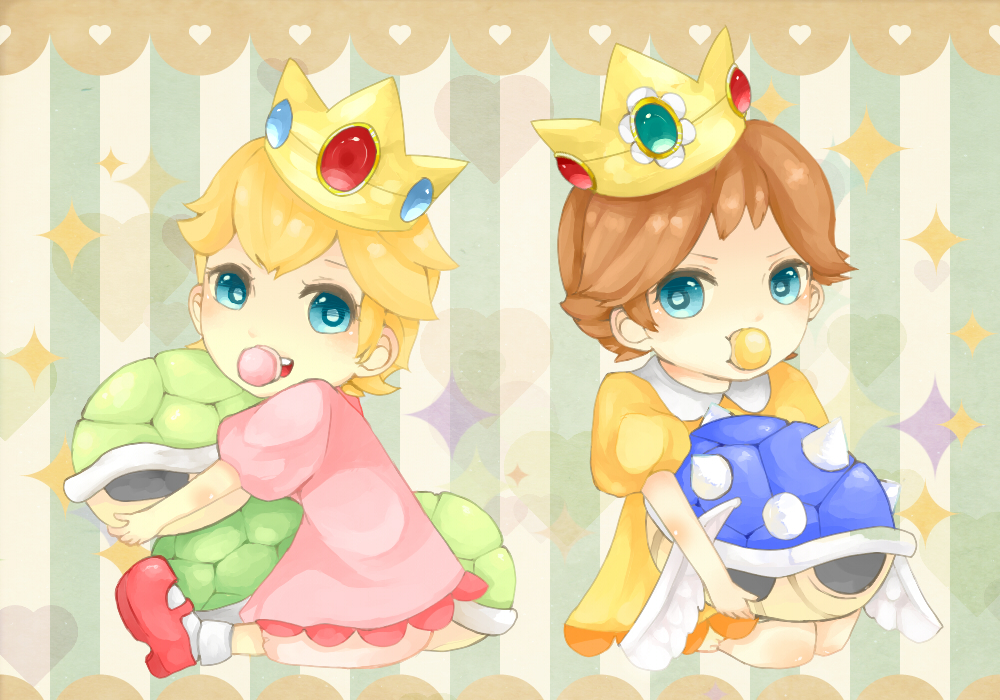 2girls baby baby_daisy baby_peach blonde_hair blue_eyes blue_shell_(mario) brown_hair crown dress green_shell_(mario) heart holding looking_at_viewer mario_(series) mario_kart mario_kart_wii multiple_girls nyorisaaan pacifier pink_dress red_footwear short_hair short_sleeves sitting socks sparkle striped striped_background white_socks yellow_dress