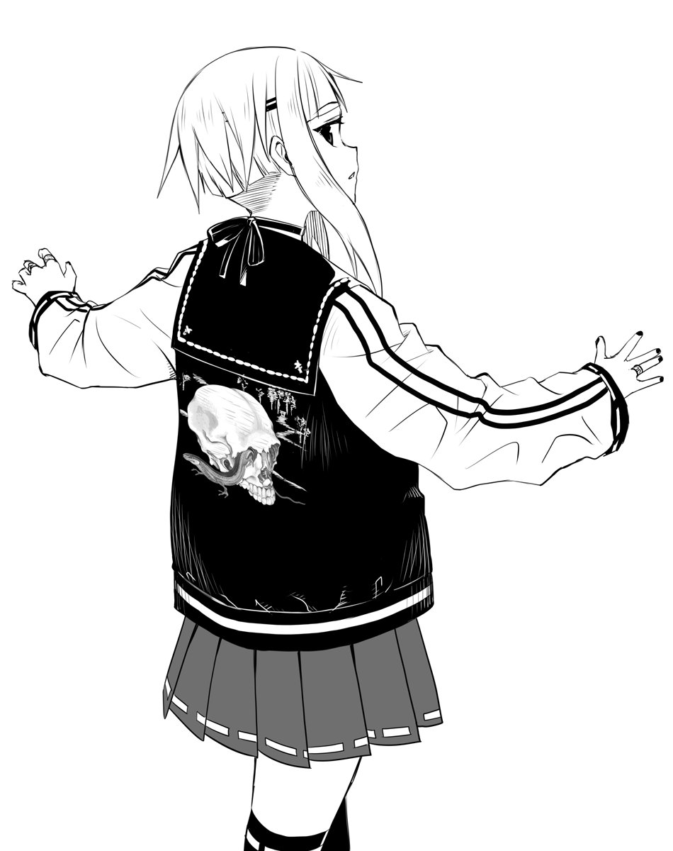 1girl blunt_bangs from_behind greyscale highres jacket jewelry letterman_jacket long_sleeves looking_at_viewer looking_back monochrome nail_polish okiru original parted_lips pleated_skirt puffy_long_sleeves puffy_sleeves ribbon-trimmed_legwear ribbon-trimmed_skirt ribbon_trim ring sailor_collar school_uniform serafuku sidelocks simple_background skirt skull_print sleeves_past_wrists solo standing white_background