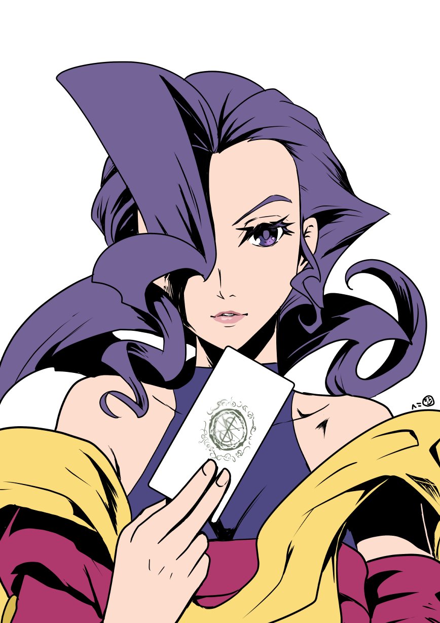 1girl bare_shoulders card collarbone hair_over_one_eye heco_(rina) highres holding holding_card looking_at_viewer one_eye_covered purple_eyes purple_hair rose_(street_fighter) scarf street_fighter yellow_scarf
