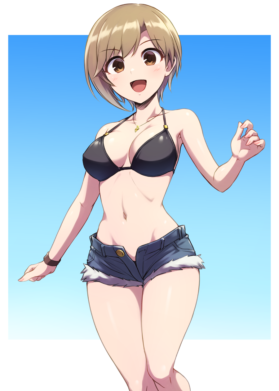 1girl aiba_yumi bikini black_bikini blue_background blue_shorts bracelet breasts brown_eyes brown_hair cutoffs denim denim_shorts feet_out_of_frame highres idolmaster idolmaster_cinderella_girls jewelry large_breasts open_fly pataneet short_hair shorts smile solo swimsuit