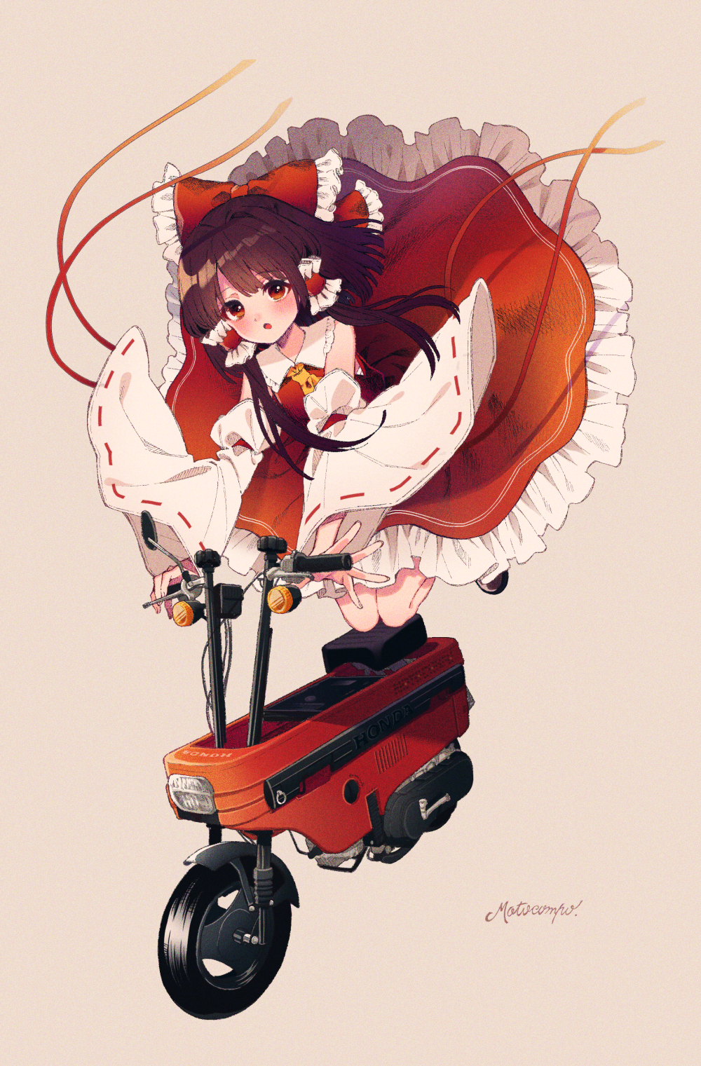 1girl ascot bare_shoulders black_hair blush bow brown_eyes commentary_request detached_sleeves frilled_skirt frills hair_bow hair_tubes hakurei_reimu highres honda_motocompo japanese_clothes long_hair motor_vehicle nontraditional_miko open_mouth red_bow red_skirt ribbon-trimmed_sleeves ribbon_trim sidelocks signature simple_background skirt solo touhou touya_(konpekitou) white_sleeves wide_sleeves yellow_ascot yellow_background