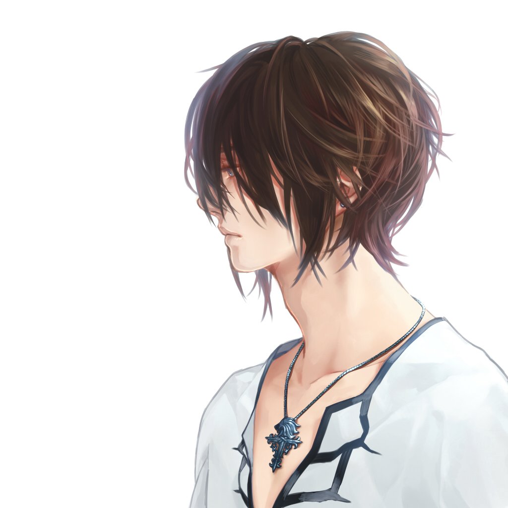 1boy adam's_apple blue_eyes brown_hair collarbone earrings final_fantasy final_fantasy_viii from_side jewelry male_focus messy_hair necklace nini_tw99 sad shirt short_hair simple_background solo squall_leonhart stud_earrings v-neck white_background white_shirt