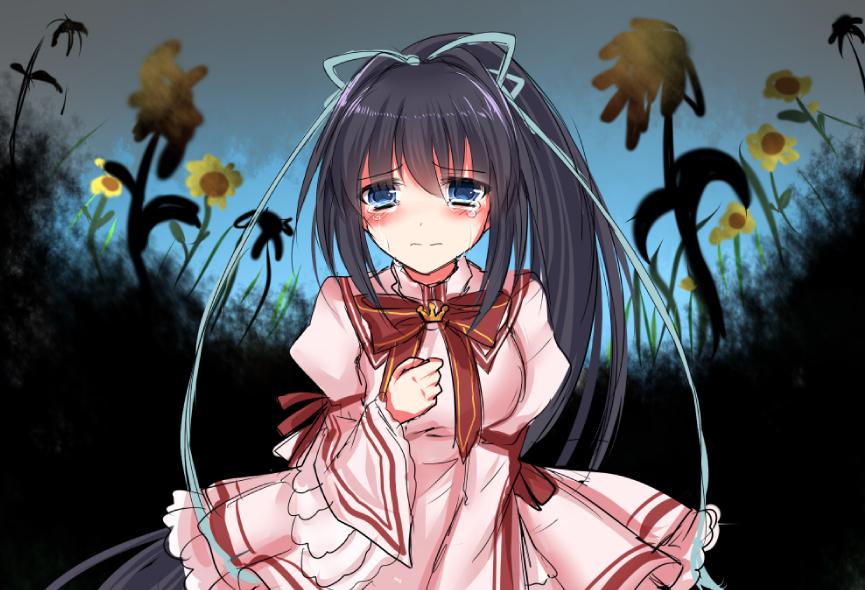 1girl akausagi black_hair blue_eyes blue_ribbon blush clenched_hand closed_mouth commentary_request cowboy_shot crying crying_with_eyes_open dark_background darkness dress eyelashes eyes_visible_through_hair flower frilled_dress frilled_sleeves frills frown furrowed_brow garden hair_between_eyes hair_intakes hair_ribbon hand_up juliet_sleeves kazamatsuri_institute_high_school_uniform konohana_lucia long_hair long_ribbon long_sleeves looking_at_viewer neck_ribbon one-hour_drawing_challenge pink_dress ponytail puffy_sleeves red_ribbon rewrite ribbon sad school_uniform sketch solo spoilers standing straight-on straight_hair streaming_tears sunflower tears very_long_hair wide_sleeves wilted_flower