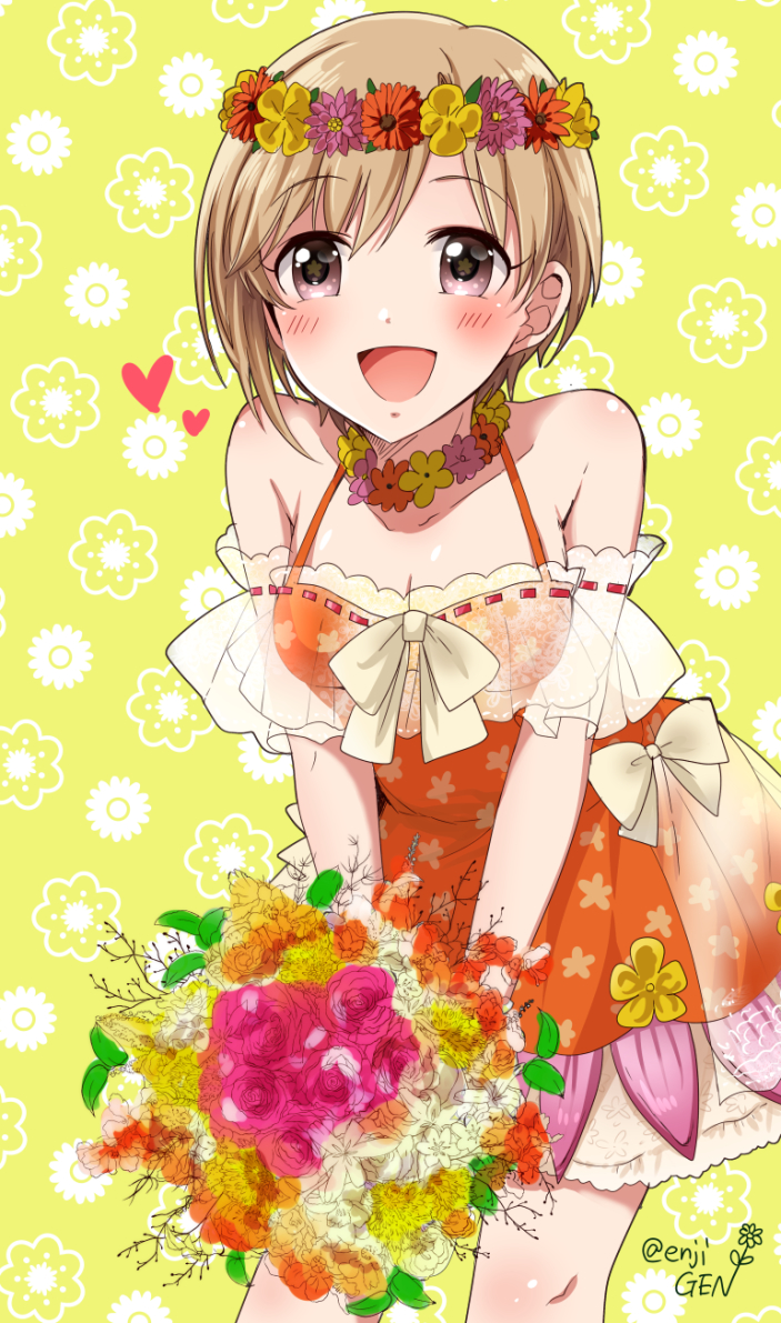 1girl aiba_yumi bare_shoulders blonde_hair blush bouquet bow bowtie breasts brown_eyes cleavage collarbone cowboy_shot detached_sleeves dot_nose dress floral_background floral_print flower_wreath frilled_dress frills gen_(enji) heart holding holding_bouquet idolmaster idolmaster_cinderella_girls idolmaster_cinderella_girls_starlight_stage layered_dress leaning_forward looking_at_viewer medium_breasts open_mouth print_dress red_dress ribbon-trimmed_sleeves ribbon_trim see-through see-through_sleeves short_hair sleeveless sleeveless_dress smile solo standing twitter_username yellow_background yellow_bow yellow_bowtie