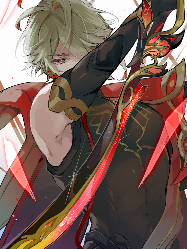 1boy 810clppo ahoge alhaitham_(genshin_impact) black_shirt bridal_gauntlets cape covered_mouth genshin_impact grey_hair hair_over_one_eye holding holding_sword holding_weapon male_focus multicolored_hair one_eye_covered red_cape red_eyes red_hair shirt short_hair sleeveless sleeveless_shirt solo sword weapon