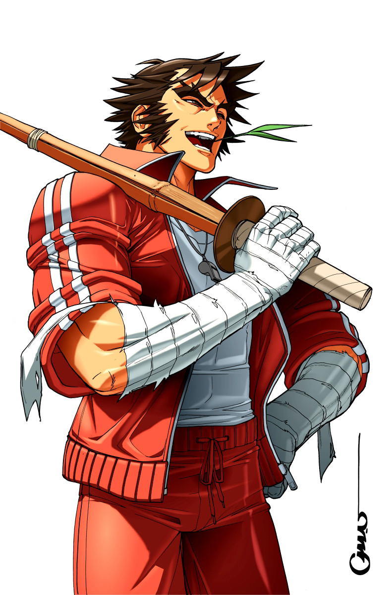 1boy bandaged_arm bandages brown_eyes forked_eyebrows half-closed_eyes hand_on_own_hip highres holding holding_weapon jacket justice_gakuen kendo looking_ahead male_focus mouth_hold muscular muscular_male mutton_chops nekketsu_hayato omar_dogan open_clothes open_jacket open_mouth pants red_jacket red_pants shirt shirt_tucked_in signature sleeves_rolled_up smile solo spiked_hair stalk_in_mouth taut_clothes taut_shirt thick_eyebrows track_suit weapon whistle white_background white_shirt