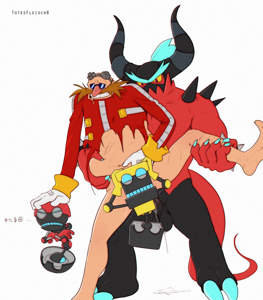 2boys anal annoyed arm_support arms_up artist_name bald barefoot belly_grab black_horns black_skin blue-tinted_eyewear blue_eyes blue_hair bottomless bracelet censored censored_text claws clenched_teeth coat colored_sclera colored_skin commentary completely_nude crossed_arms cubot cum demon_boy dr._eggman english_commentary erection eyewear_on_head facial_hair fat fat_man feet forked_eyebrows glasses gloves goggles grey-framed_eyewear half-closed_eyes hand_on_own_stomach hands_on_own_head horns interspecies jewelry leg_up lizard_tail long_sleeves male_focus motion_lines multicolored_skin multiple_boys mustache navel novelty_censor nude orbot penis pince-nez ponytail purple_eyes red_coat red_skin robot round_eyewear sex short_hair shoulder_spikes simple_background sonic_(series) sonic_lost_world sonic_x spiked_bracelet spikes spread_legs standing standing_on_one_leg stomach sunglasses sweat tail teeth testicles thick_eyebrows tinted_eyewear torn_clothes torn_coat totesfleisch8 two-tone_skin v-shaped_eyebrows watermark white_background white_gloves yaoi yellow_sclera zavok_(sonic)