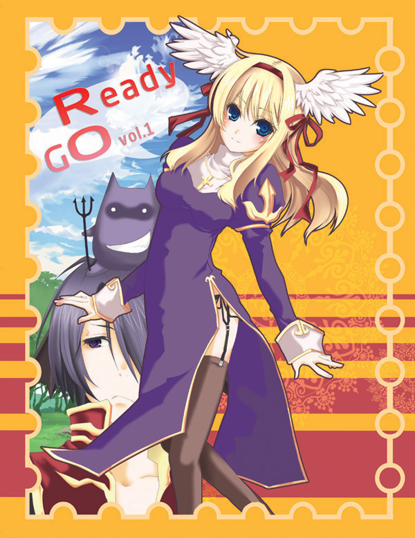 1boy 1girl black_hair blonde_hair blue_eyes blue_sky blush breasts brown_thighhighs closed_mouth cloud coat commentary_request cover cover_page cross cross_necklace deviruchi doujin_cover dress feathered_wings feet_out_of_frame forest frown garter_straps habit hair_between_eyes hair_over_one_eye hair_ribbon hairband head_wings jewelry juliet_sleeves kirika_(nutsmoon) long_bangs long_hair long_sleeves looking_at_viewer medium_bangs medium_breasts nature necklace orange_background pitchfork priest_(ragnarok_online) puffy_sleeves purple_dress purple_eyes ragnarok_online red_coat red_hairband red_ribbon ribbon short_hair sky smile thighhighs tree white_wings wings