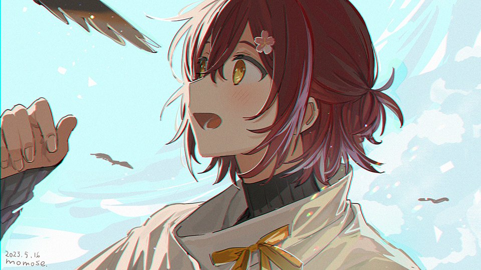 1boy :d bird black_sweater cloud day double-parted_bangs flower hair_between_eyes hair_flower hair_ornament hairclip half_updo hanasaki_miyabi hand_up holostars light_blush looking_at_animal lower_teeth_only male_focus momose_(oqo) red_hair ribbed_sweater ribbon shirt short_hair sleeves_past_wrists smile solo sweater teeth turtleneck turtleneck_sweater upper_body virtual_youtuber white_shirt yellow_eyes yellow_ribbon