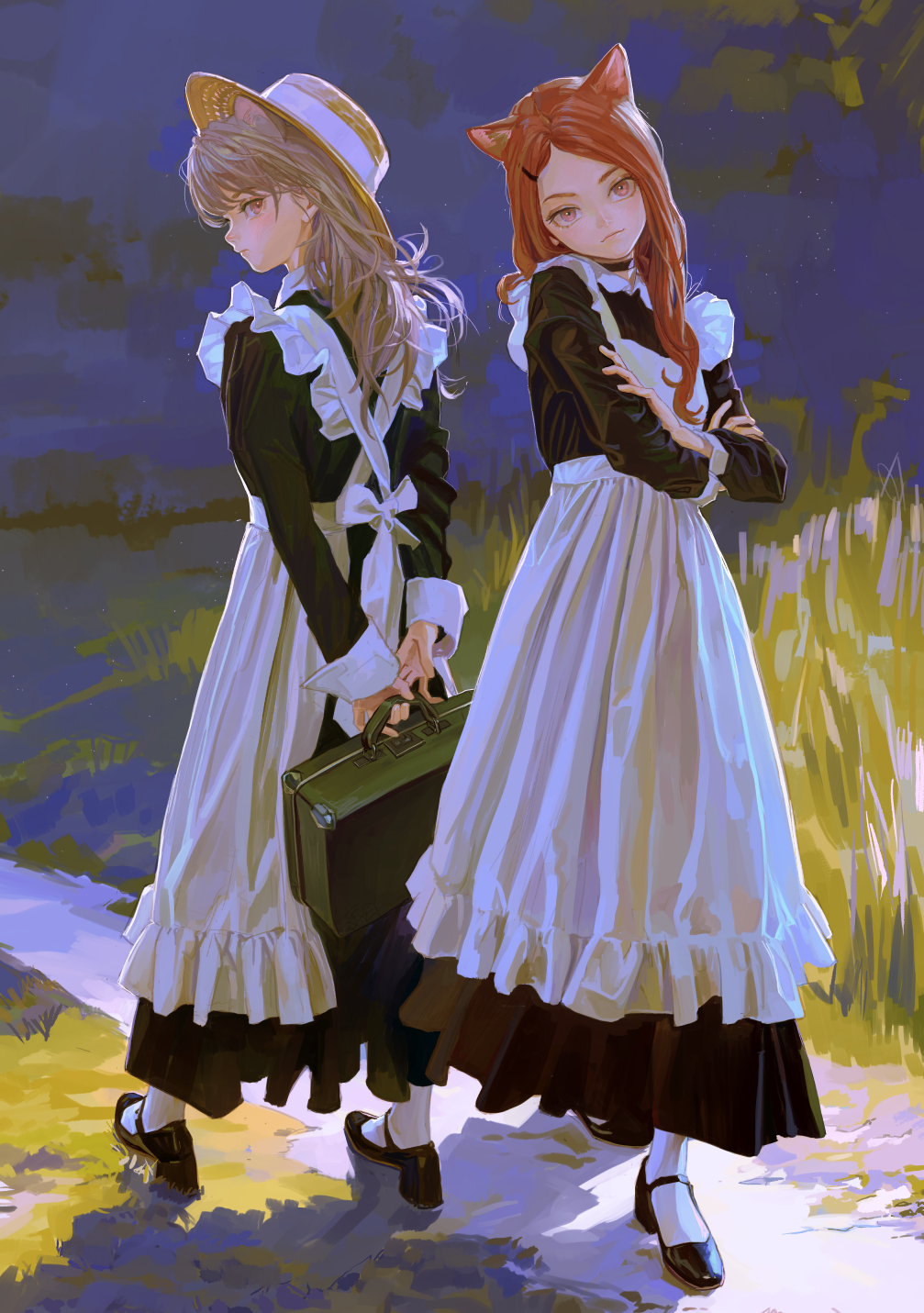 2girls apron arms_behind_back black_choker black_dress black_footwear briefcase choker crossed_arms dress feifei_(fkey) feiqizi_(fkey) fkey from_behind full_body grass grey_hair hair_ornament hairclip hat hat_with_ears highres holding holding_briefcase long_hair looking_at_viewer maid maid_apron multiple_girls original pink_eyes red_eyes red_hair socks standing sun_hat wavy_hair white_socks