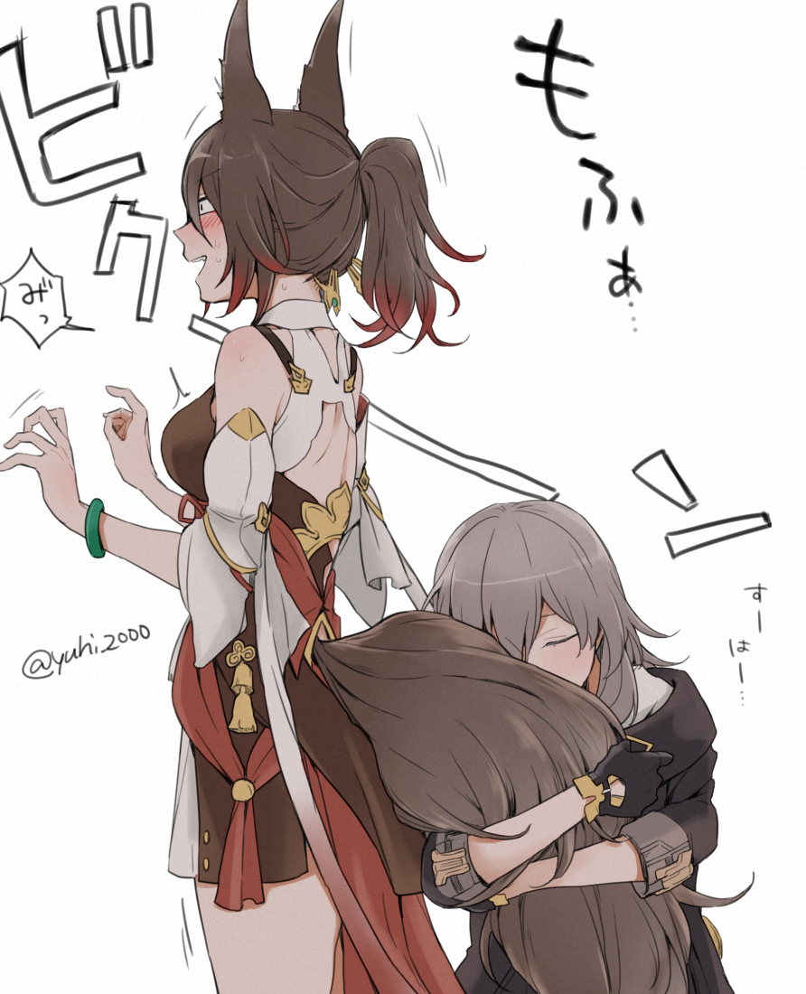 2girls animal_ears backless_outfit black_dress black_jacket blush bracelet breasts brown_hair closed_eyes colored_tips constricted_pupils dress fluffy fox_ears fox_girl fox_tail grey_hair hair_ornament honkai:_star_rail honkai_(series) hugging_tail jacket jewelry medium_breasts medium_hair multicolored_hair multiple_girls open_mouth ponytail red_hair simple_background speech_bubble stelle_(honkai:_star_rail) streaked_hair tail tingyun_(honkai:_star_rail) trailblazer_(honkai:_star_rail) twitter_username white_background yuri yuuhi_(arcadia)