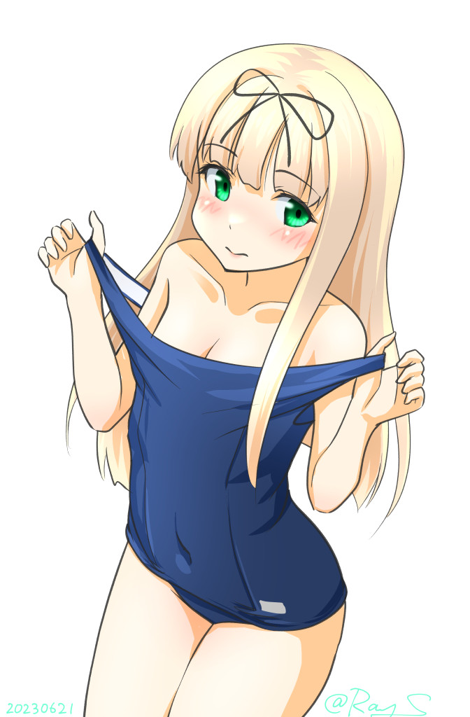 1girl black_ribbon blonde_hair blue_one-piece_swimsuit blush breasts collarbone covered_navel cowboy_shot embarrassed green_eyes hair_ribbon kantai_collection long_hair old_school_swimsuit one-piece_swimsuit ray.s ribbon school_swimsuit small_breasts solo swimsuit twitter_username white_background yuudachi_(kancolle)