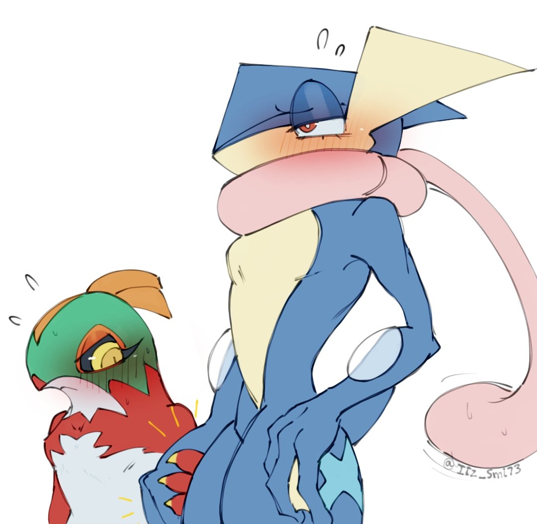 ambiguous_gender anthro biped blue_body blush duo fur generation_6_pokemon green_body greninja hand_holding hawlucha itz_smi73 nintendo pokemon pokemon_(species) red_body red_eyes red_fur simple_background tan_body white_background white_body white_fur yellow_eyes