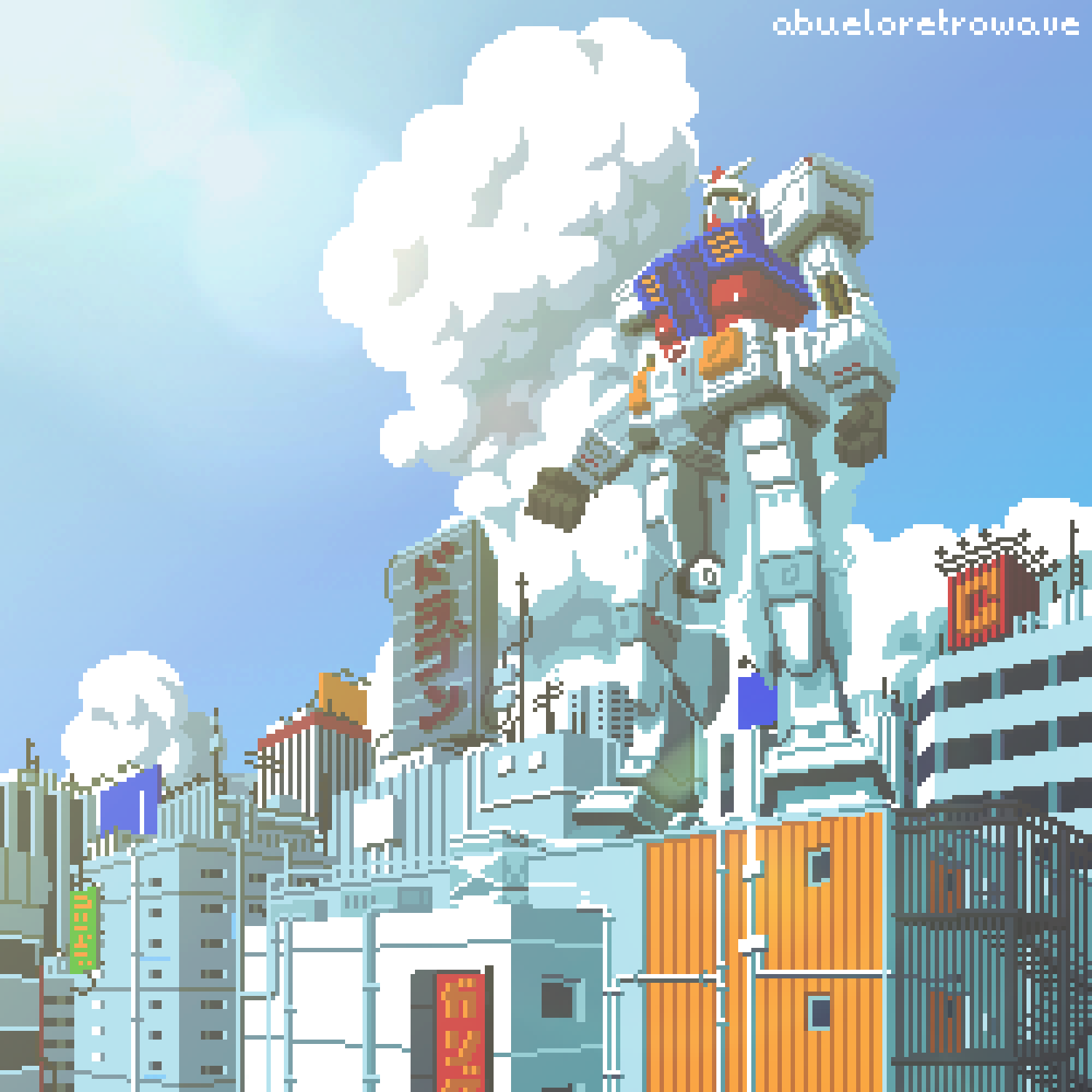 abueloretrowave city cityscape cloud door drawing giant gundam highres mecha photoshop_(medium) pixel_art robot rx-78-2 scenery sky third-party_edit vaporwave window