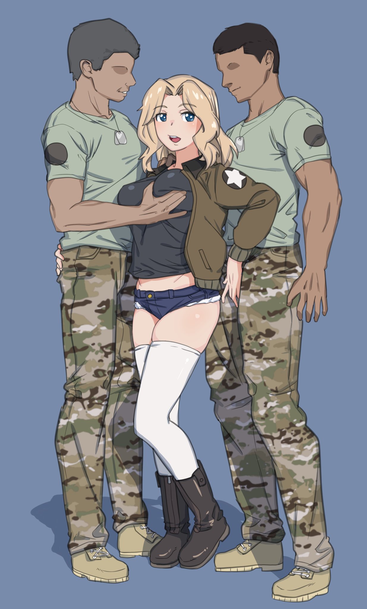 1girl 2boys black_shirt blonde_hair blue_background blue_eyes blue_shorts blush breasts girls_und_panzer grabbing grabbing_another's_breast hetero highres huaronanago kay_(girls_und_panzer) large_breasts long_hair looking_at_viewer military_uniform multiple_boys open_mouth saunders_military_uniform shirt short_shorts shorts simple_background thighhighs uniform white_thighhighs