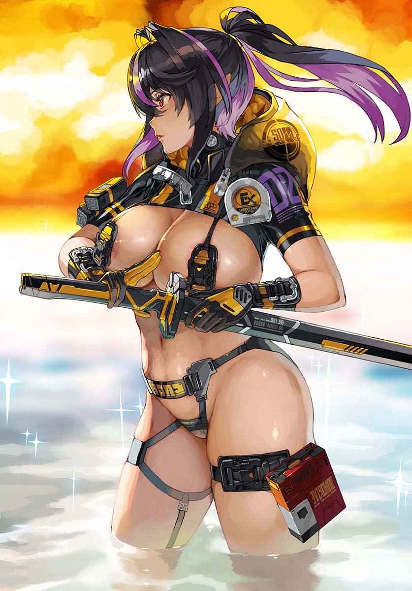 1girl areola_slip black_gloves black_hair breasts closed_mouth commentary_request from_side gloves hair_intakes highres holding holding_sword holding_weapon hood hood_down katana large_breasts long_hair multicolored_hair navel nishii_(damnedrive) original partially_submerged ponytail profile purple_hair red_eyes revealing_clothes sheath sheathed shrug_(clothing) simple_background solo sparkle standing streaked_hair sword thigh_strap thighs two-tone_gloves weapon yellow_gloves