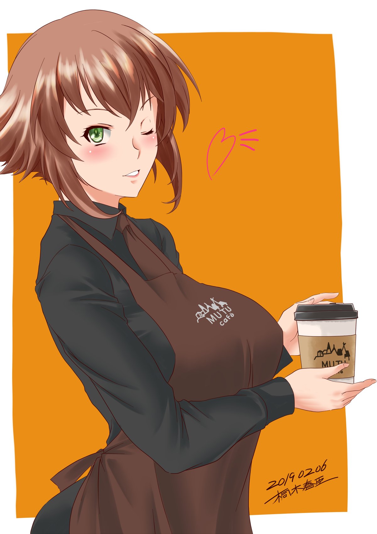 1girl apron artist_name black_shirt breasts brown_apron brown_hair collared_shirt dated flipped_hair green_eyes highres kantai_collection kiriki_haruomi large_breasts mutsu_(kancolle) one_eye_closed orange_background parted_lips shirt short_hair smile solo tumbler two-tone_background