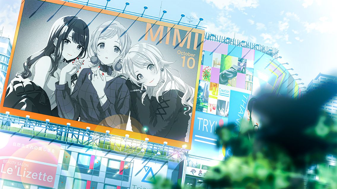 3girls :o bare_shoulders billboard blurry blurry_foreground bracelet building bush collar cross-laced_clothes cross-laced_sleeves day earrings english_text frilled_collar frills fur_(clothing) game_cg hachimiya_meguru hair_flaps hair_pulled_back holding_hands idolmaster idolmaster_shiny_colors illumination_stars_(idolmaster) jacket jewelry kazano_hiori lens_flare long_hair long_sleeves looking_at_viewer multiple_girls off-shoulder_sweater off_shoulder official_art outdoors parted_lips partially_colored pom_pom_(clothes) pom_pom_earrings red_lips red_nails ring sakuragi_mano shirt sidelocks sky sleeveless sleeveless_shirt smile sweater upper_body
