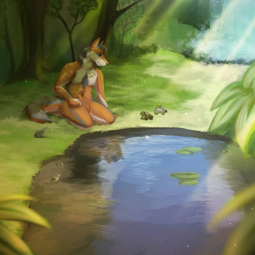 ambient_frog ambiguous_gender amphibian anthro canid canine chest_tuft colored detailed_background ezpups featureless_crotch feral fluffy fluffy_tail fox frog grass head_tuft hip_tuft kneeling leaf lily_pad mammal neck_tuft nude outside plant pond shaded snout solo tail tree tuft