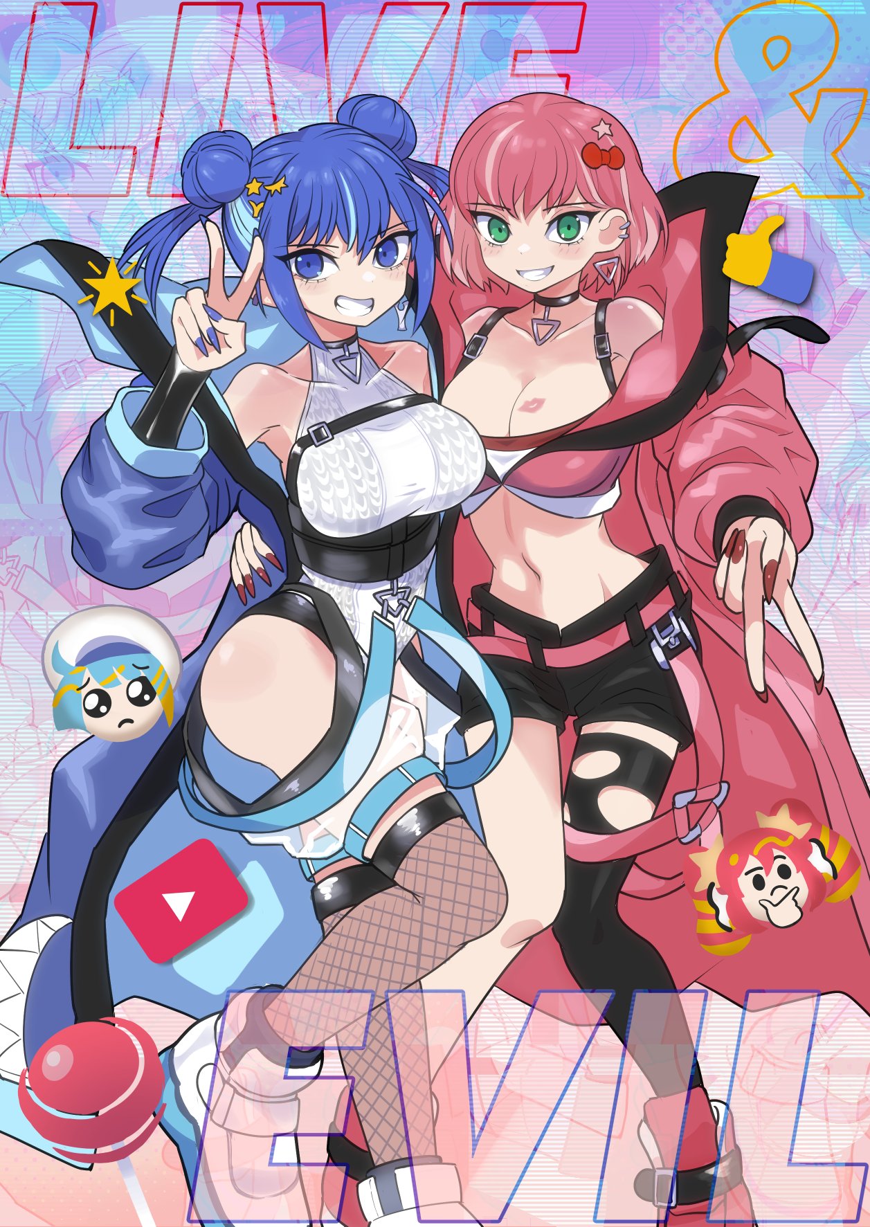 2girls asymmetrical_legwear blue_eyes blue_hair blue_jacket braid breasts cleavage collarbone crop_top double_bun duel_monster ear_piercing emoji english_text evil_twin_ki-sikil evil_twin_lil-la full_body green_eyes grin hair_bun highres jacket ki-sikil_(yu-gi-oh!) large_breasts leotard lil-la_(yu-gi-oh!) lipstick_mark_on_breast live_twin_ki-sikil live_twin_lil-la looking_at_viewer midriff multiple_girls navel official_alternate_costume open_clothes open_jacket piercing pink_hair red_jacket short_hair short_shorts shorts smile thighhighs thinking_emoji torn_clothes torn_thighhighs twin_braids v wadatsumi_(sense11531153) yu-gi-oh!