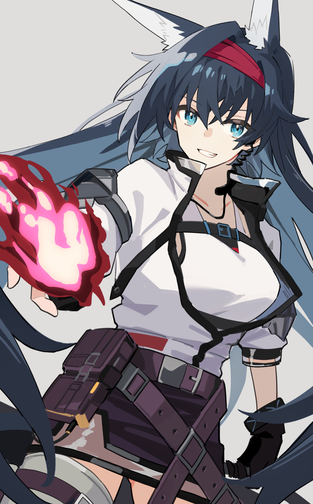 1girl animal_ears arknights black_gloves black_hair blaze_(arknights) blue_eyes breasts cat_ears cat_girl chainsaw chest_belt chest_strap fire gloves grin hairband hand_guard highres holding holding_chainsaw infection_monitor_(arknights) jacket large_breasts long_hair looking_at_viewer originium_arts_(arknights) pyrokinesis red_hairband shiduki_eku shoulder_strap smile solo tank_top white_jacket white_tank_top